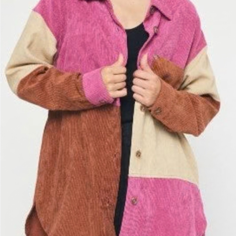 entro Pink and Cream Corduroy-Trim Button Shirt Jacket
